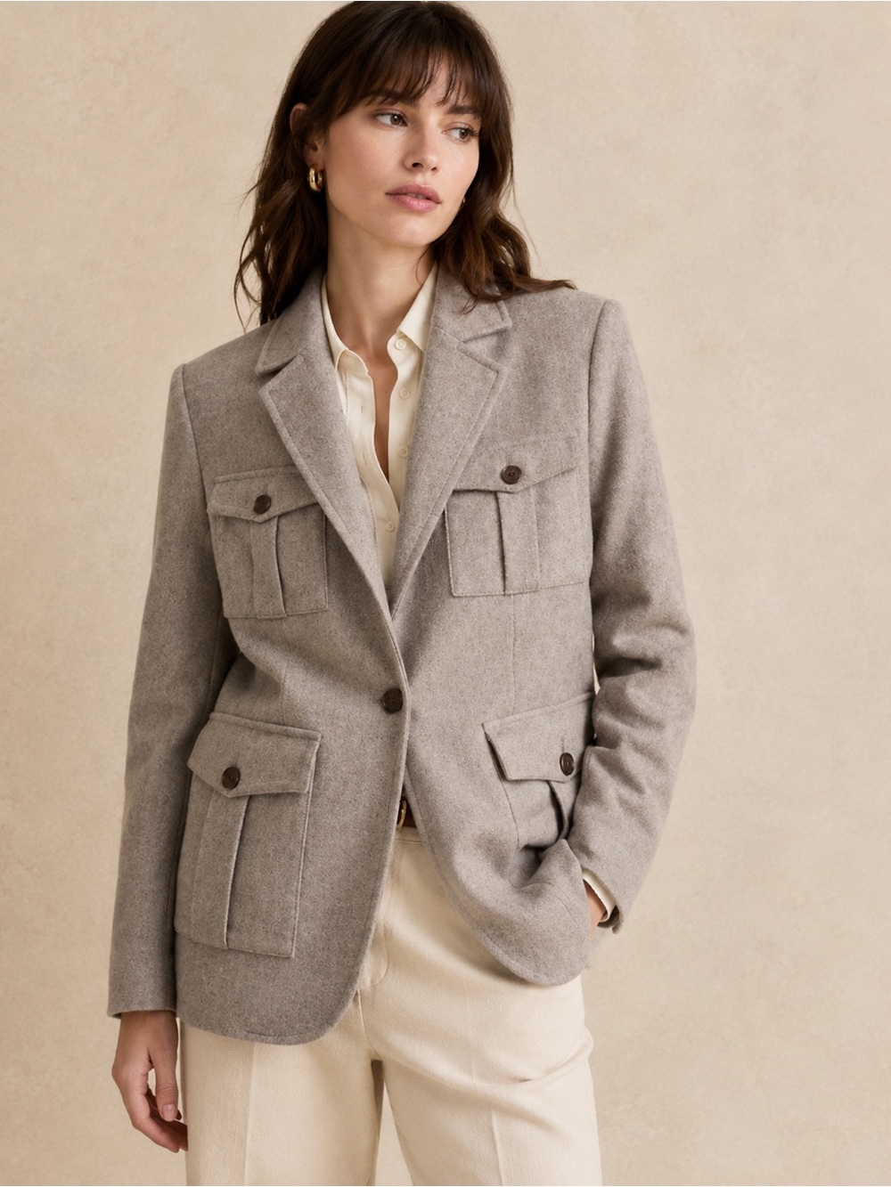 Banana Republic Woman Tan Wool Herringbone Blazer Jacket US18 Classic Timeless